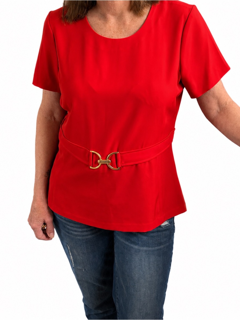 Halston orange Short-Sleeve Top with Gold Accent Belt